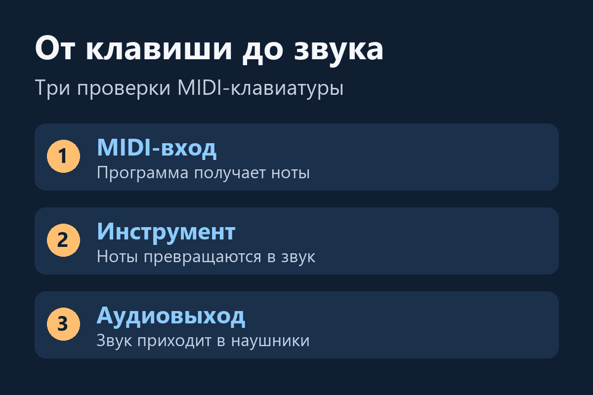 Три участка проверки: MIDI-вход, звуковой инструмент и аудиовыход
