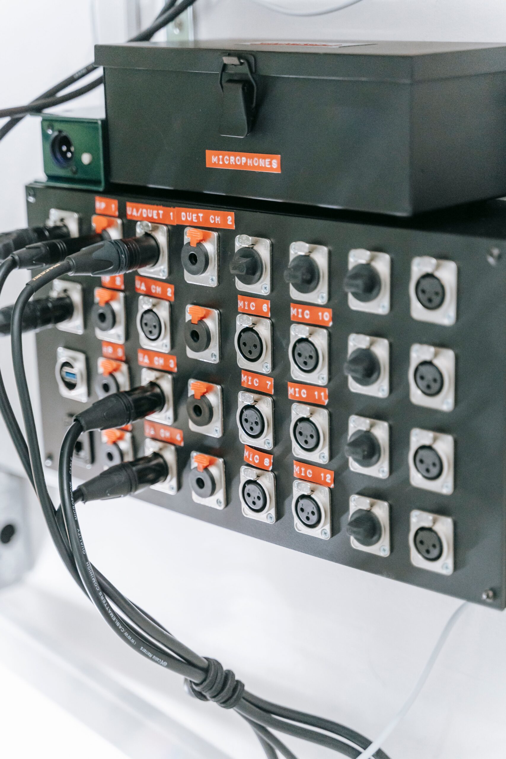 Панель разъёмов XLR с подключёнными кабелями